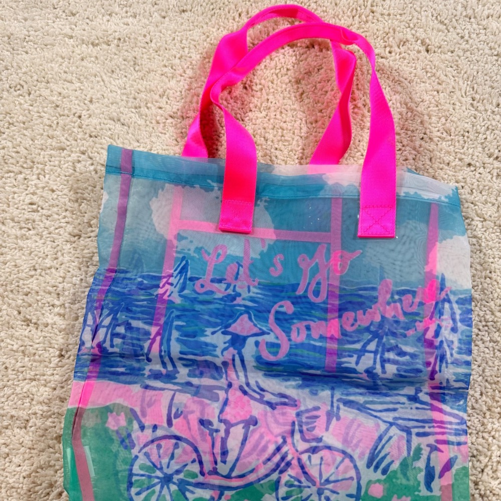 Lilly Pulitzer Mesh Beach Tote Bag Blue Pink Let's Go Somewhere Bicycle Preppy - Picture 8 of 8